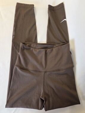 Nike Dr-Fit Solid Mocha Brown High-Rise Leggings Mesh Calf White Swoosh
